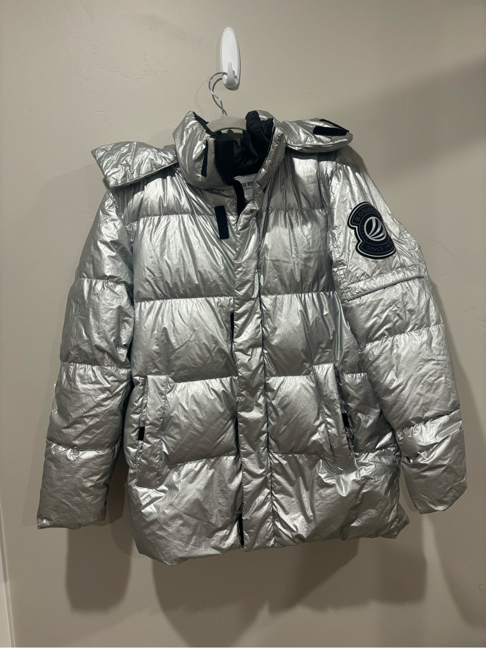 Metallic Silver Puffer Coat with Hood - Women's Insulated Goode Down Jacket